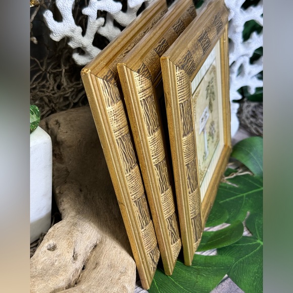 3 VINTAGE GOLD FRAMED PALM TREE NAUTICAL COASTAL BATHROOM PICTURES Bundle Bamboo - Picture 10 of 14